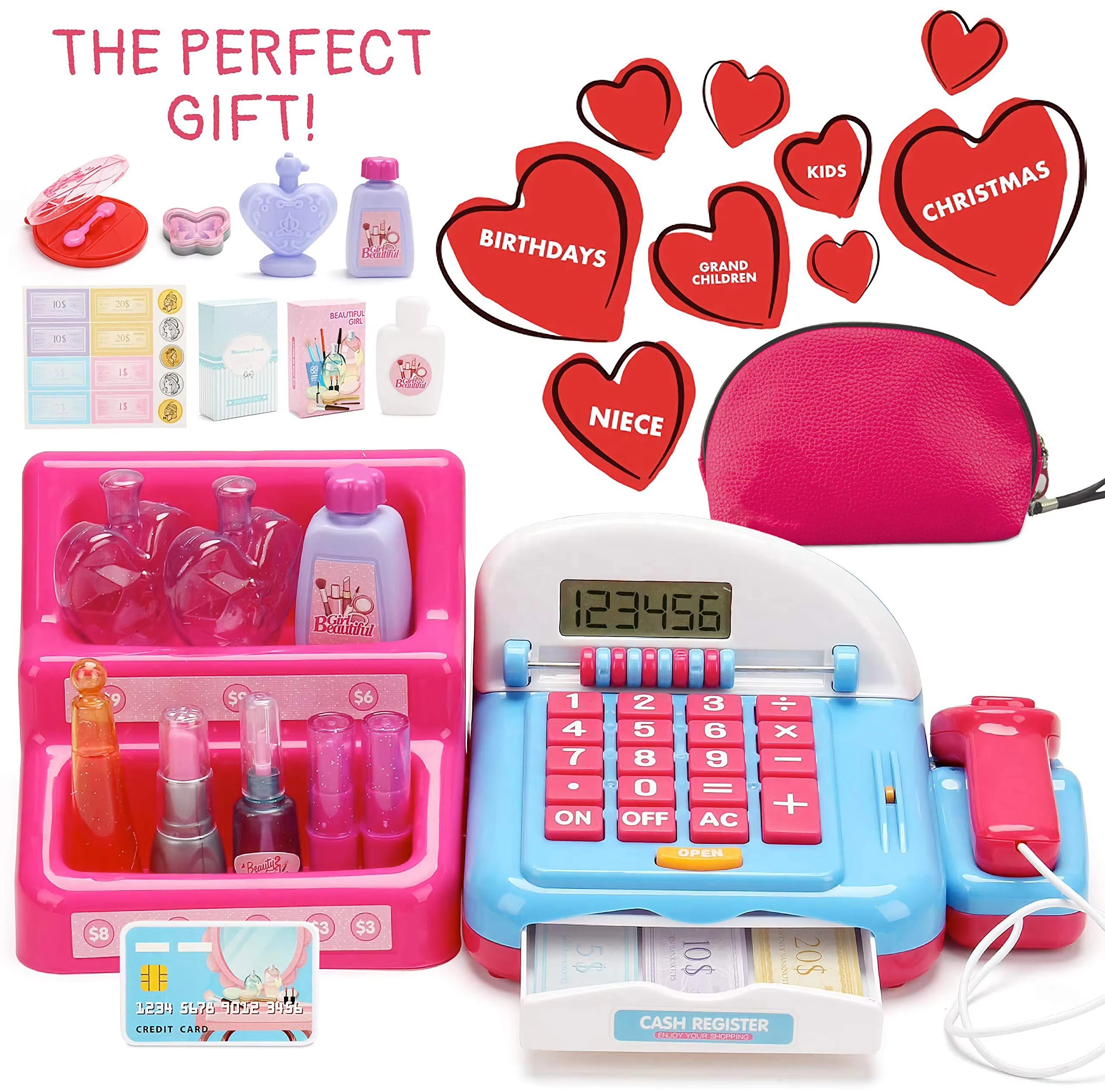 Beauty Salon Set with Cash Register Kids' Pretend Play - 20-Piece Toy for Girls, Including Makeup and Credit Card, Perfect for Birthdays and Christmas (6)