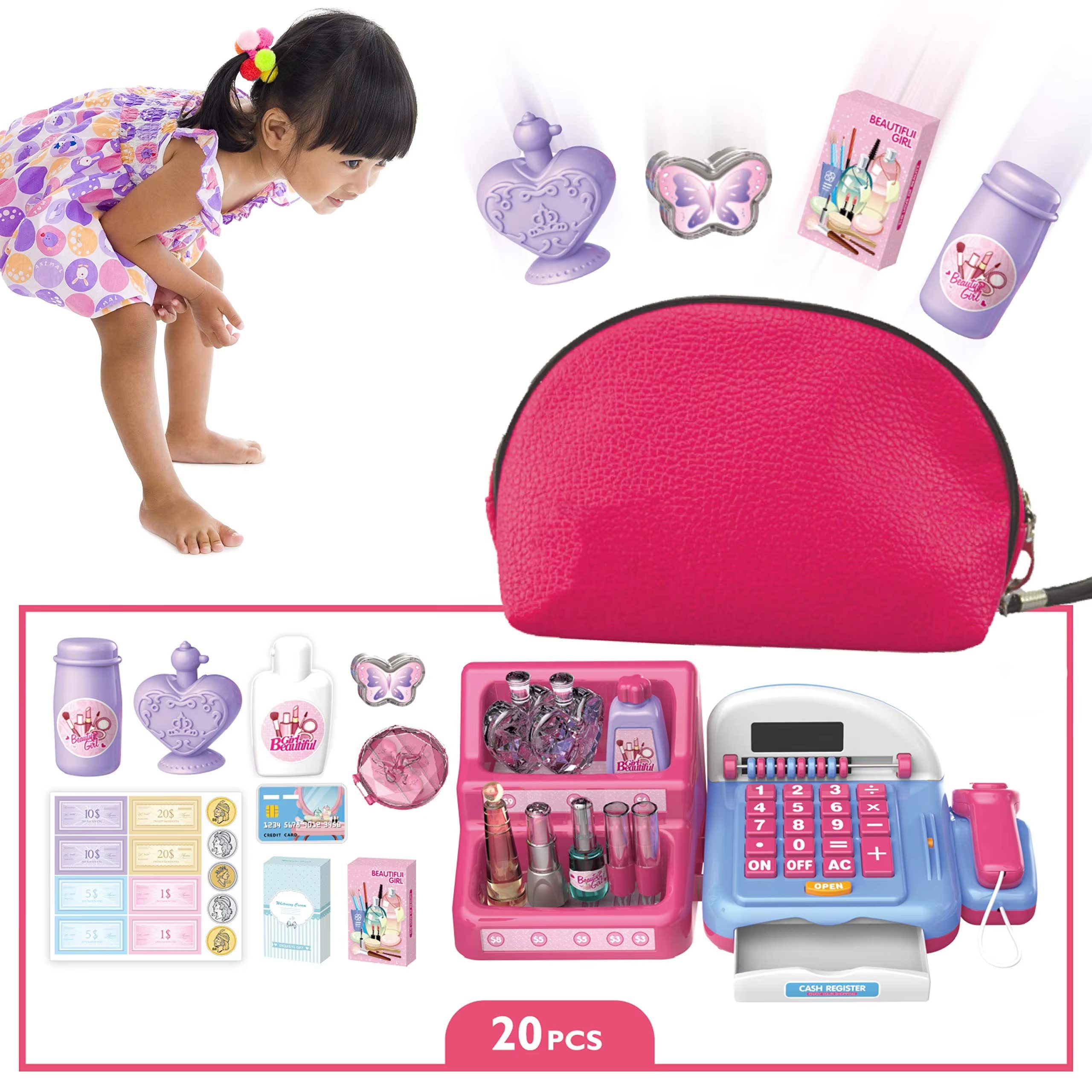 Beauty Salon Set with Cash Register Kids' Pretend Play - 20-Piece Toy for Girls, Including Makeup and Credit Card, Perfect for Birthdays and Christmas (7)