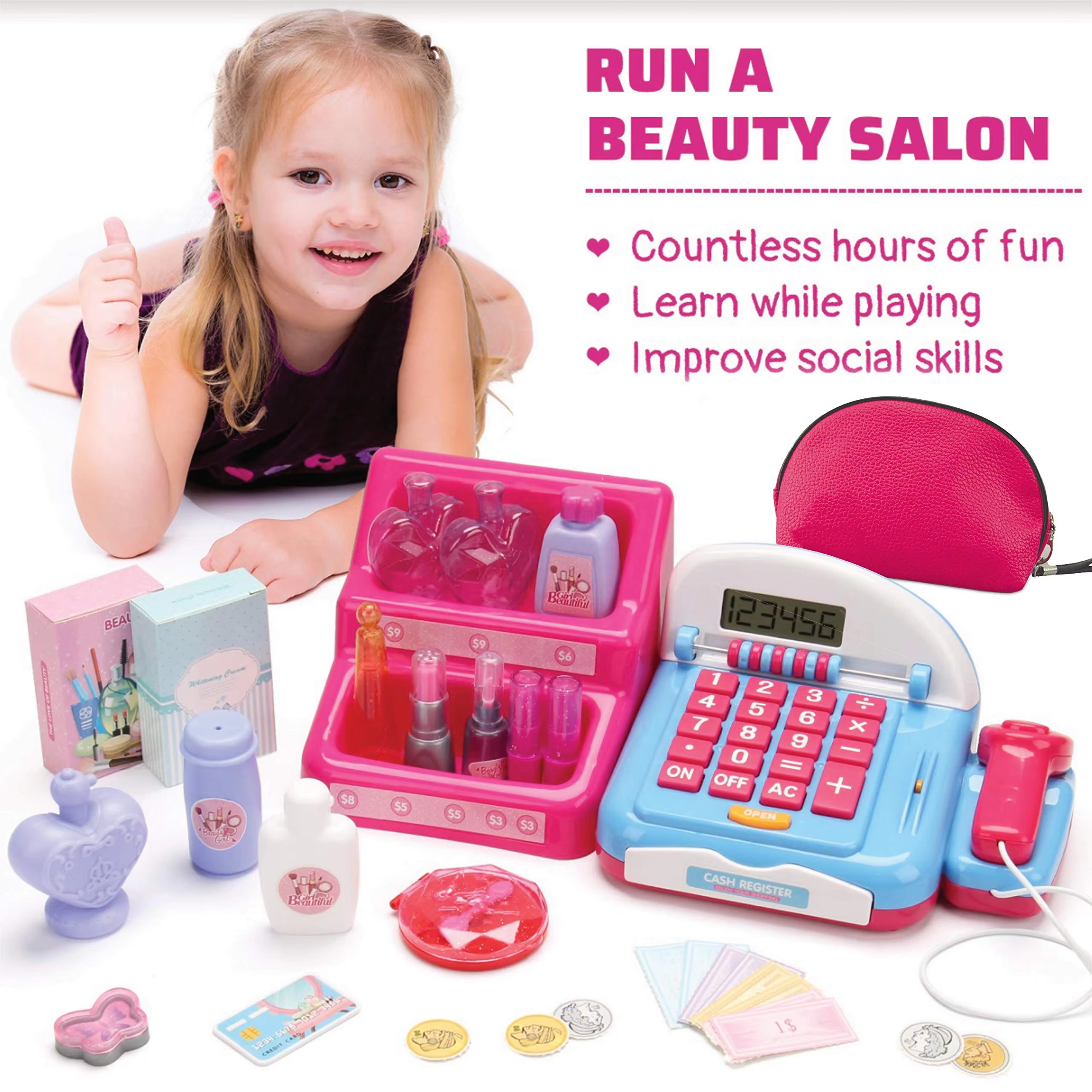 Beauty Salon Set with Cash Register Kids' Pretend Play - 20-Piece Toy for Girls, Including Makeup and Credit Card, Perfect for Birthdays and Christmas (8)