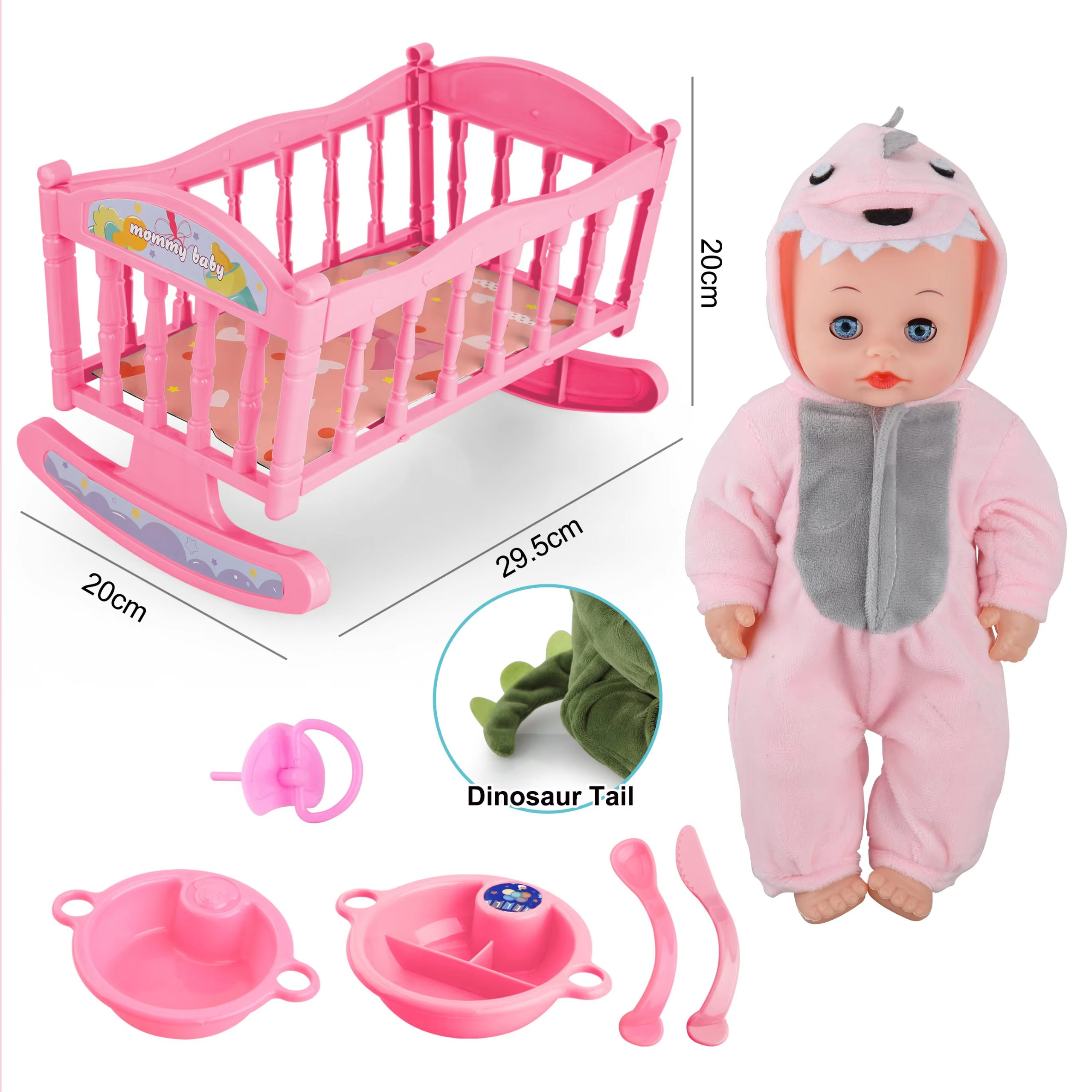 Dinosaur-Themed Baby Doll with Playset - Includes Crib, High Chair, and Feeding Accessories (10)