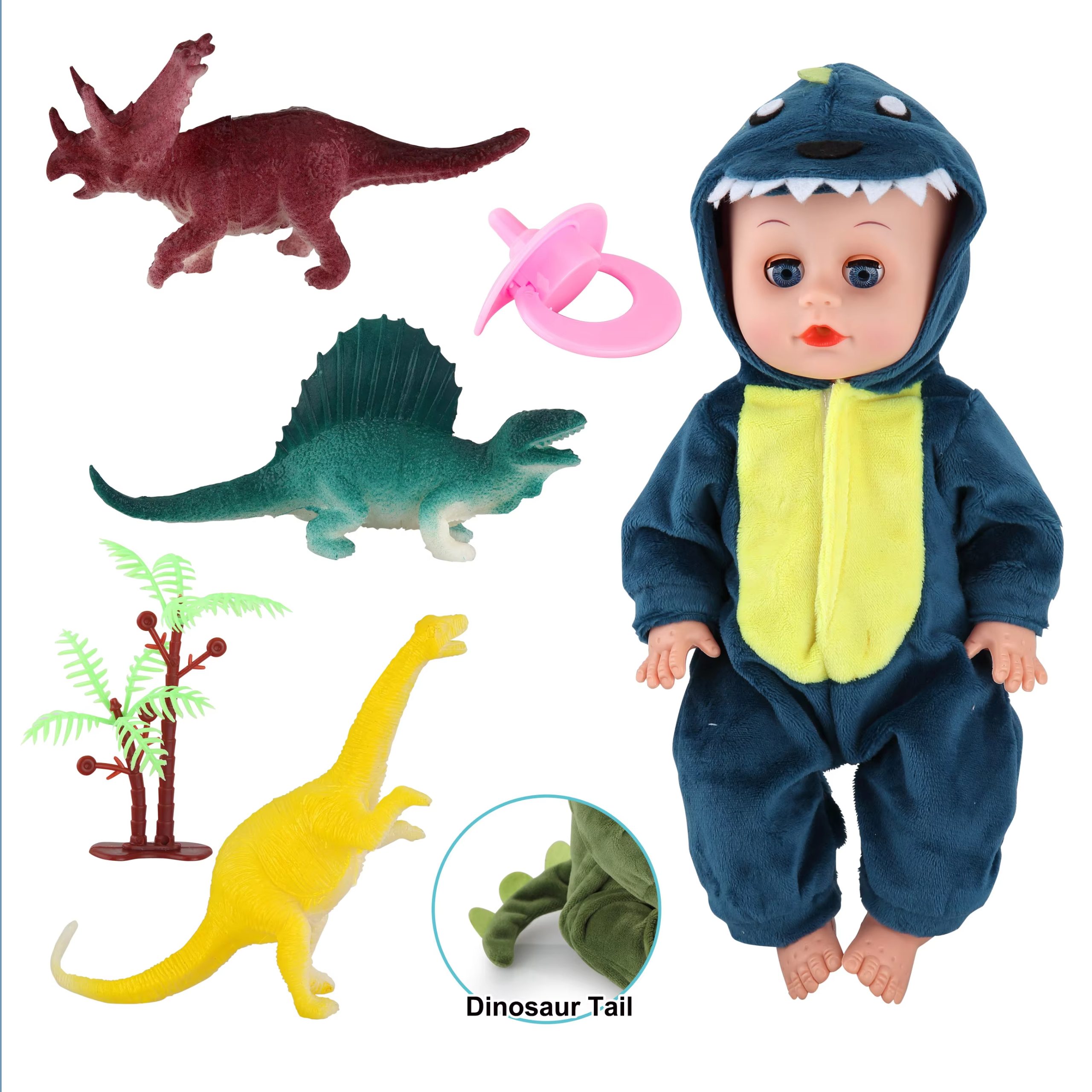 Dinosaur-Themed Baby Doll with Playset - Includes Crib, High Chair, and Feeding Accessories (11)