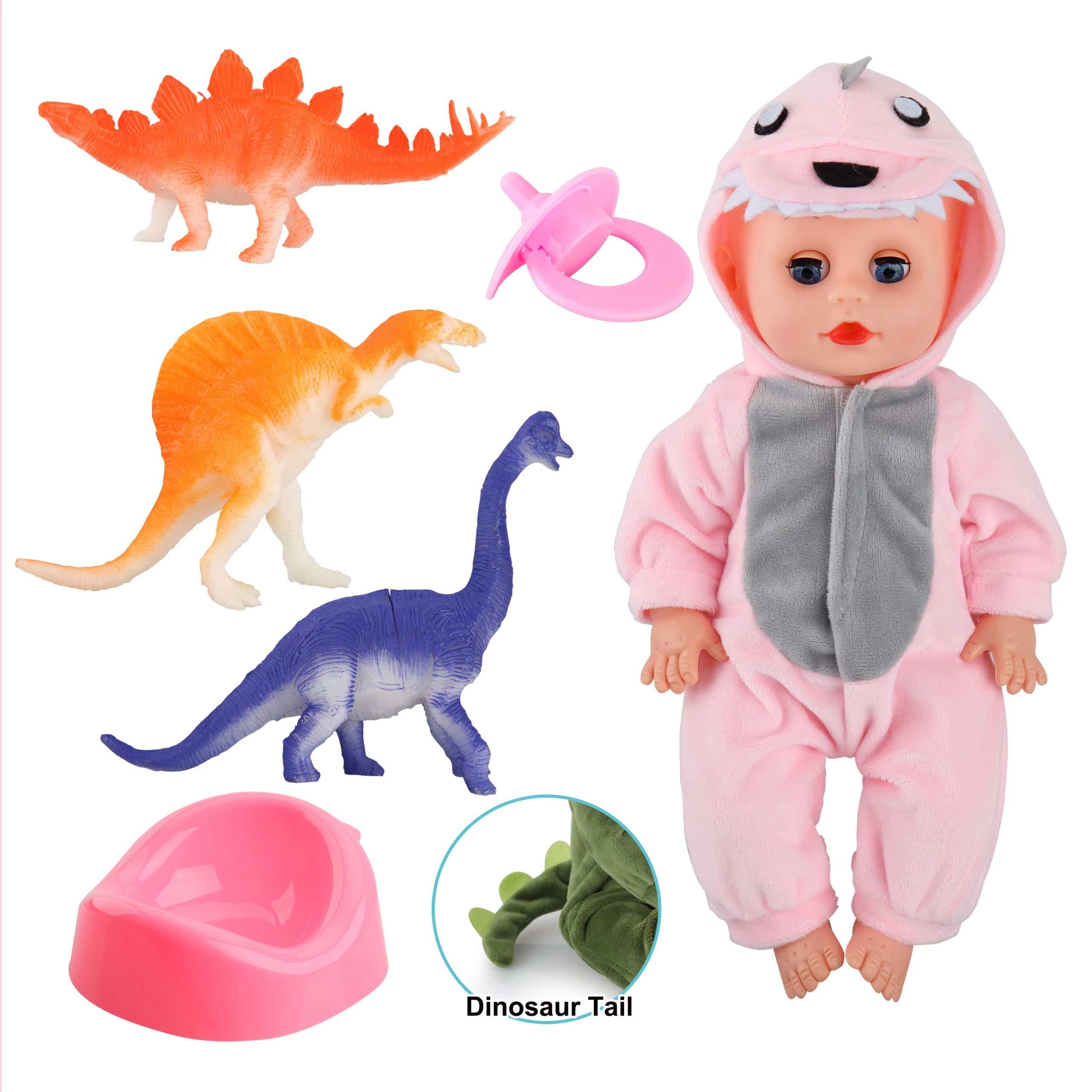 Dinosaur-Themed Baby Doll with Playset - Includes Crib, High Chair, and Feeding Accessories (12)