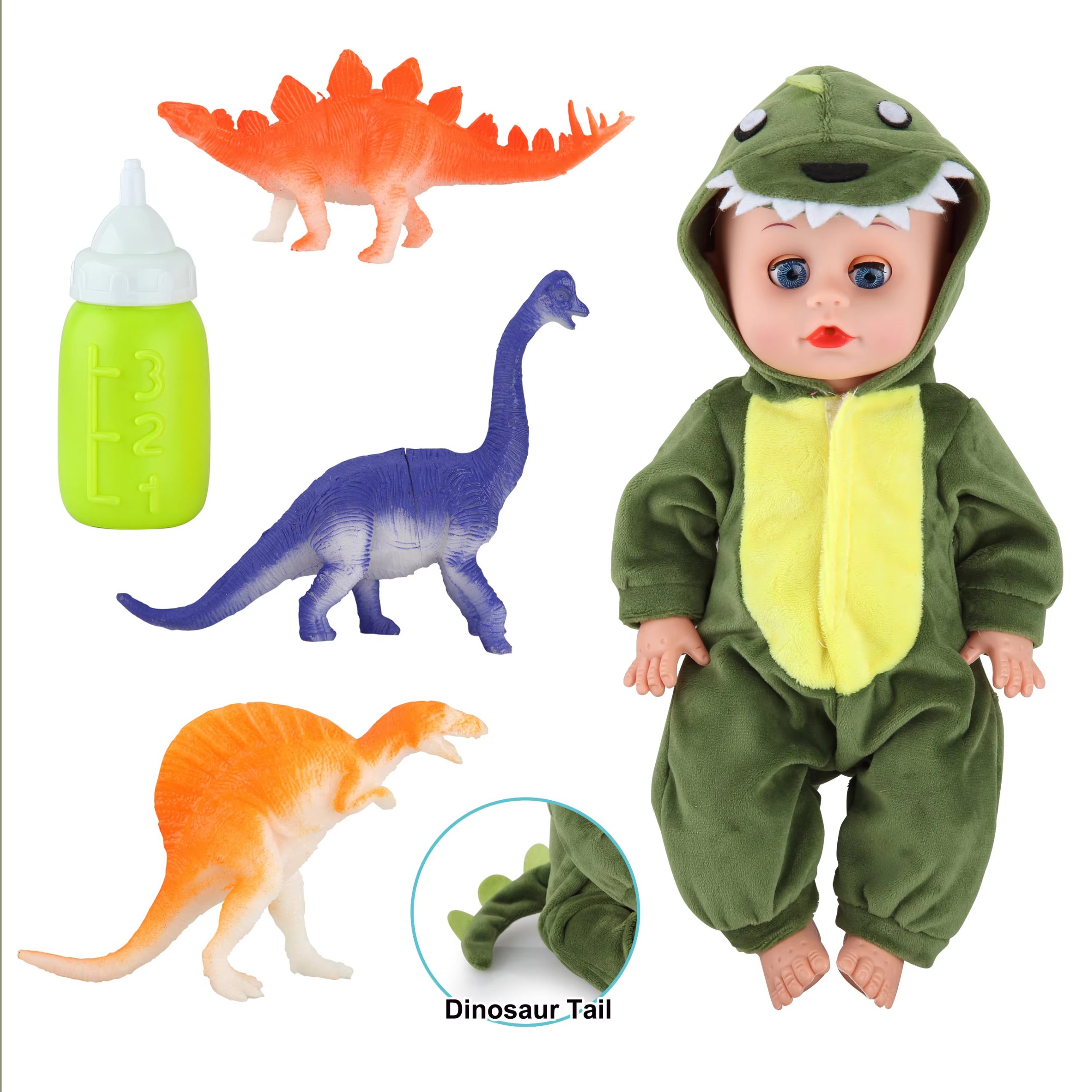 Dinosaur-Themed Baby Doll with Playset - Includes Crib, High Chair, and Feeding Accessories (14)