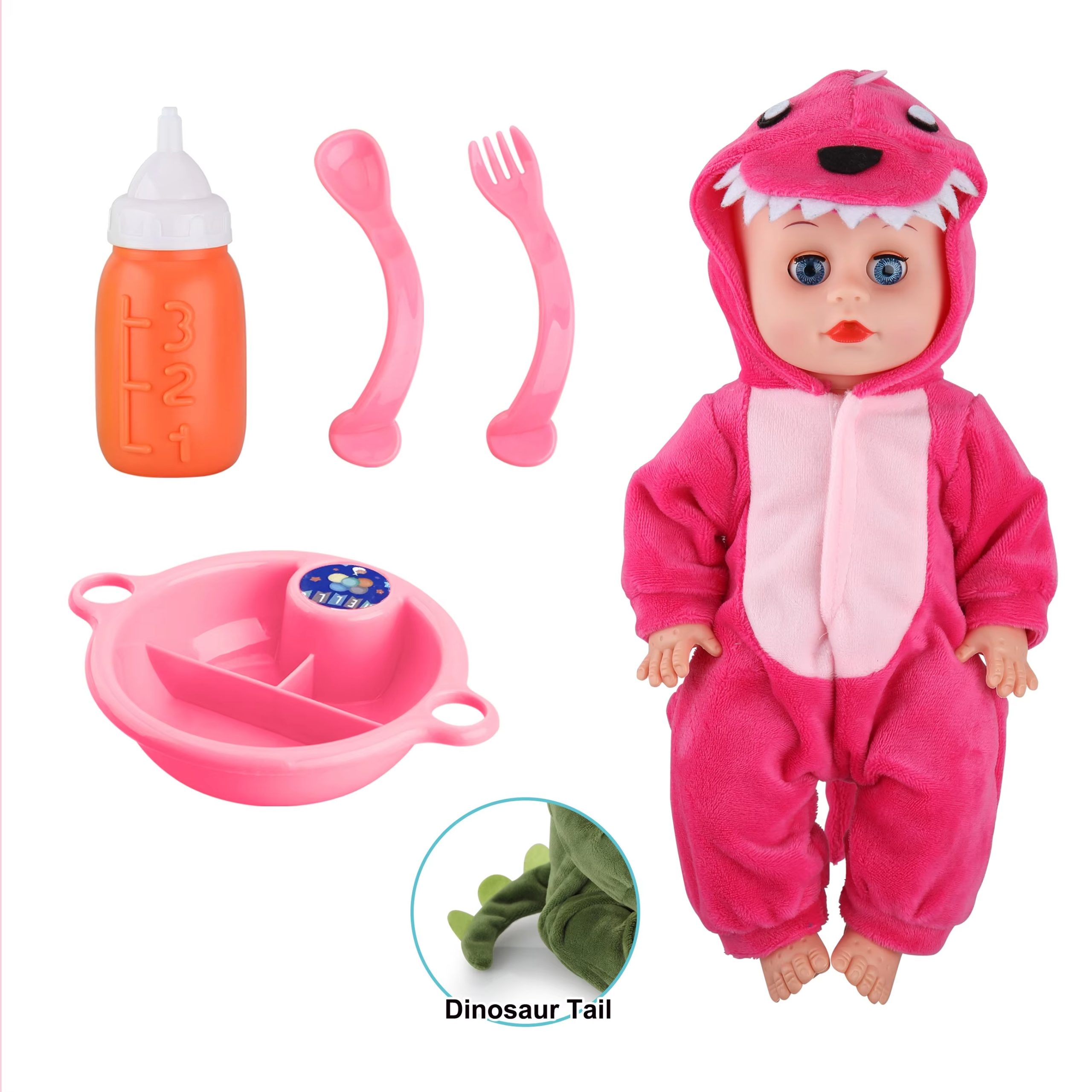 Dinosaur-Themed Baby Doll with Playset - Includes Crib, High Chair, and Feeding Accessories (3)