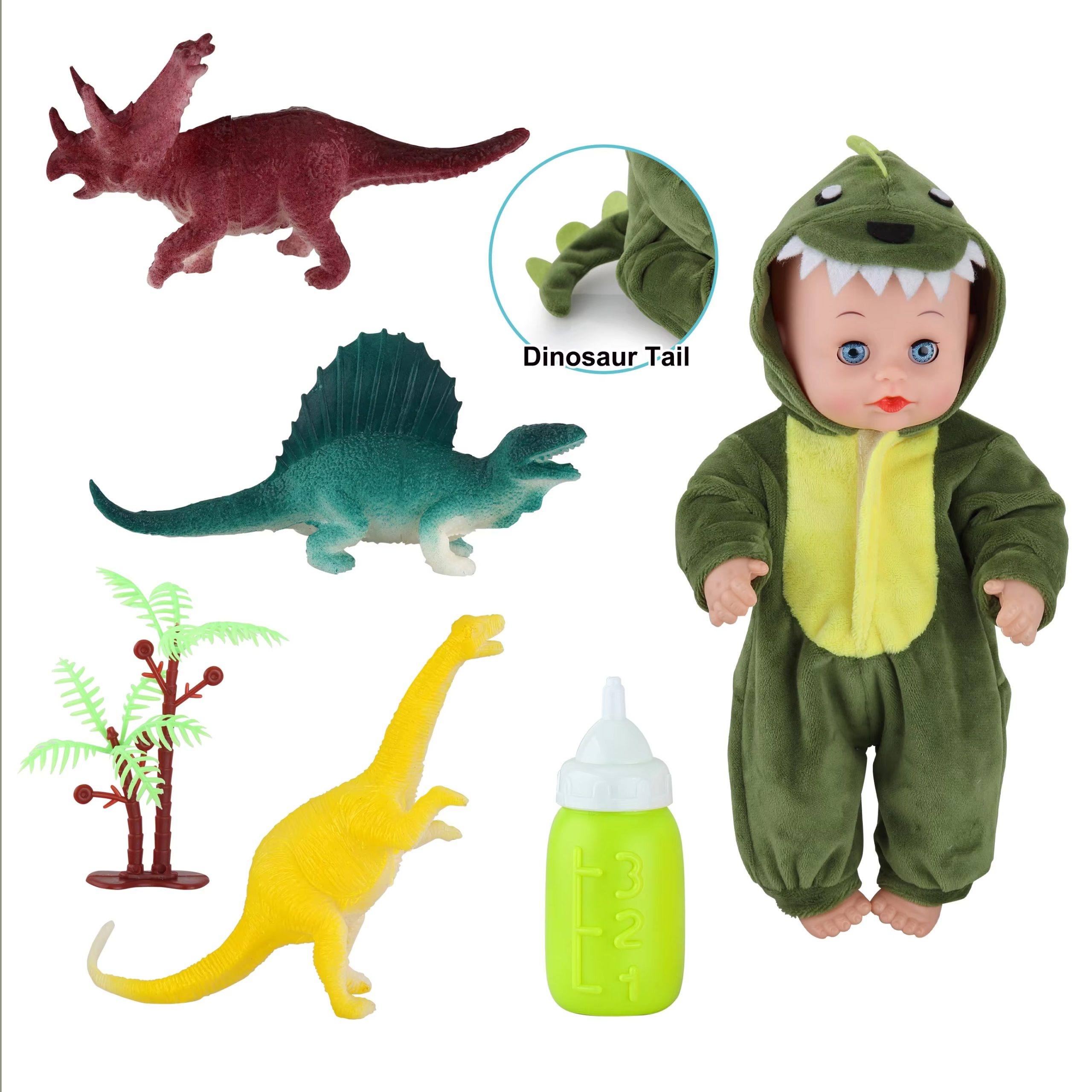 Dinosaur-Themed Baby Doll with Playset - Includes Crib, High Chair, and Feeding Accessories (4)