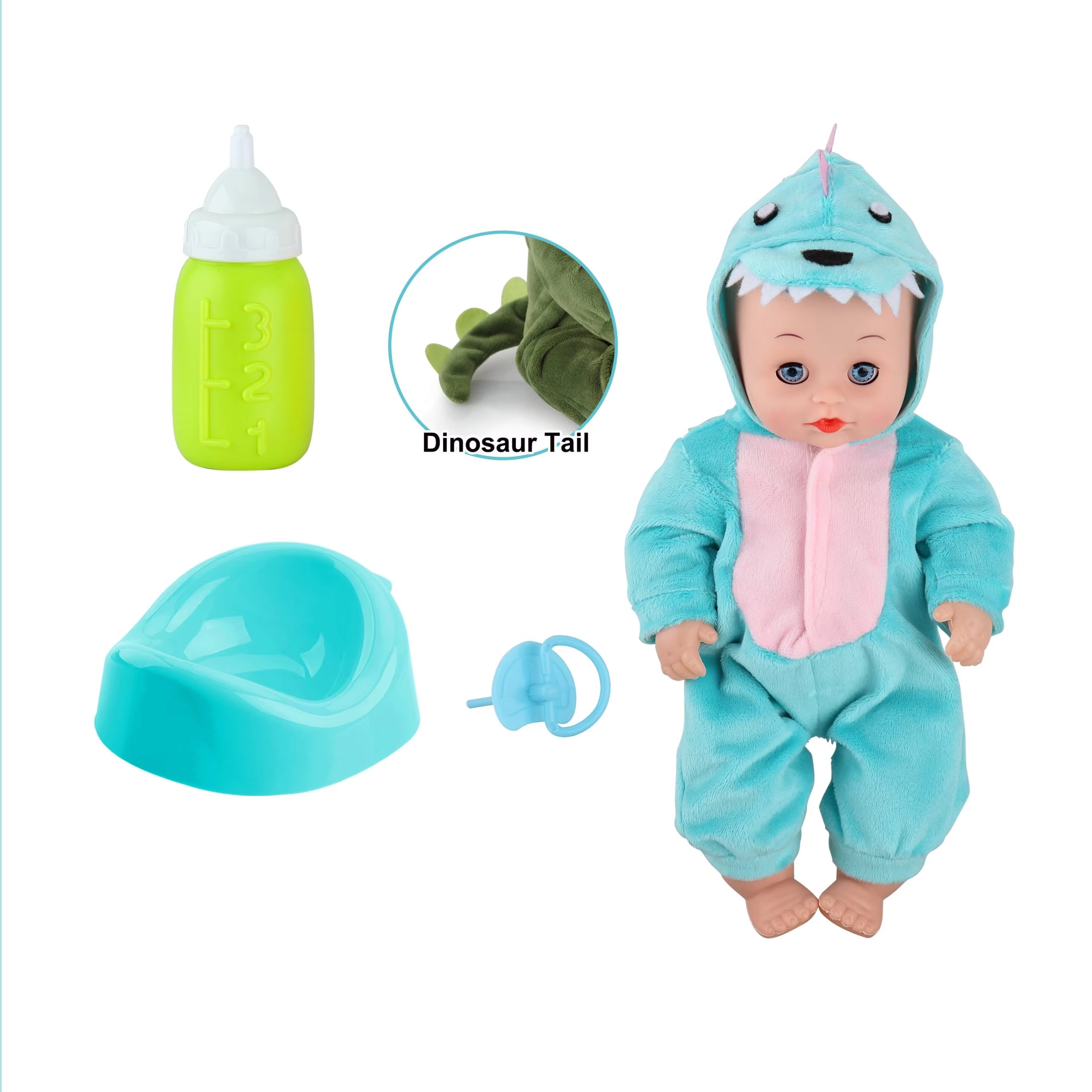 Dinosaur-Themed Baby Doll with Playset - Includes Crib, High Chair, and Feeding Accessories (5)