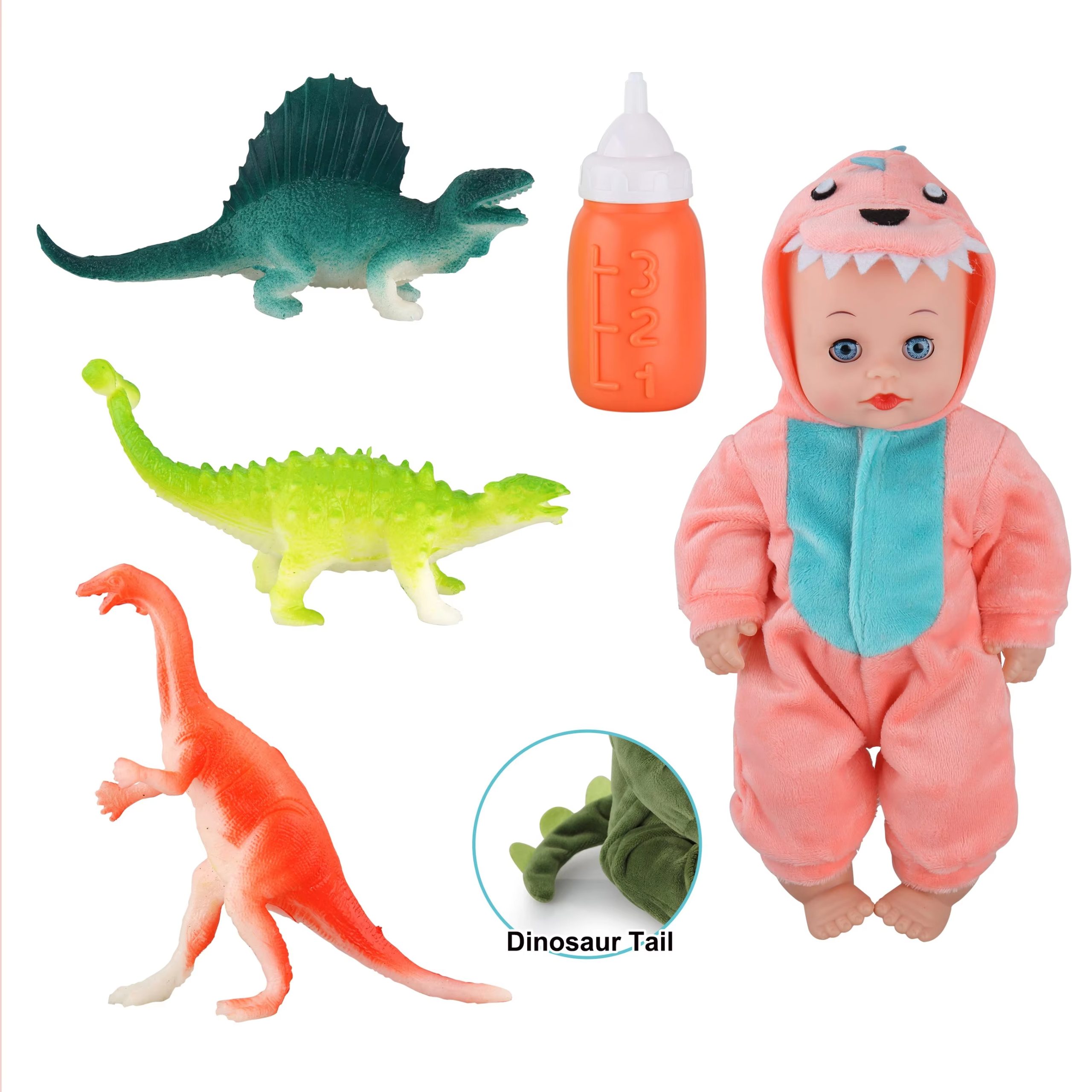 Dinosaur-Themed Baby Doll with Playset - Includes Crib, High Chair, and Feeding Accessories (6)