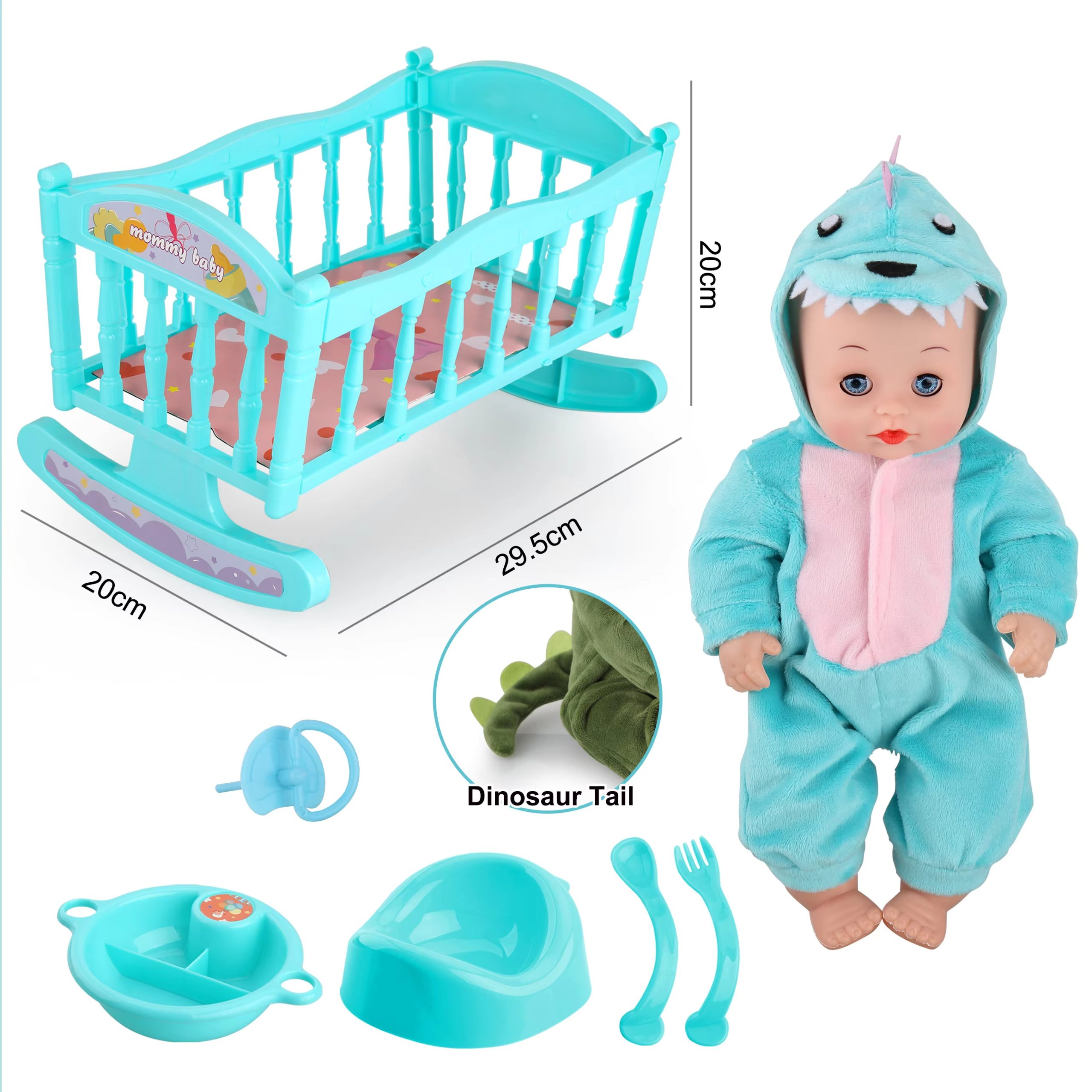 Dinosaur-Themed Baby Doll with Playset - Includes Crib, High Chair, and Feeding Accessories (7)
