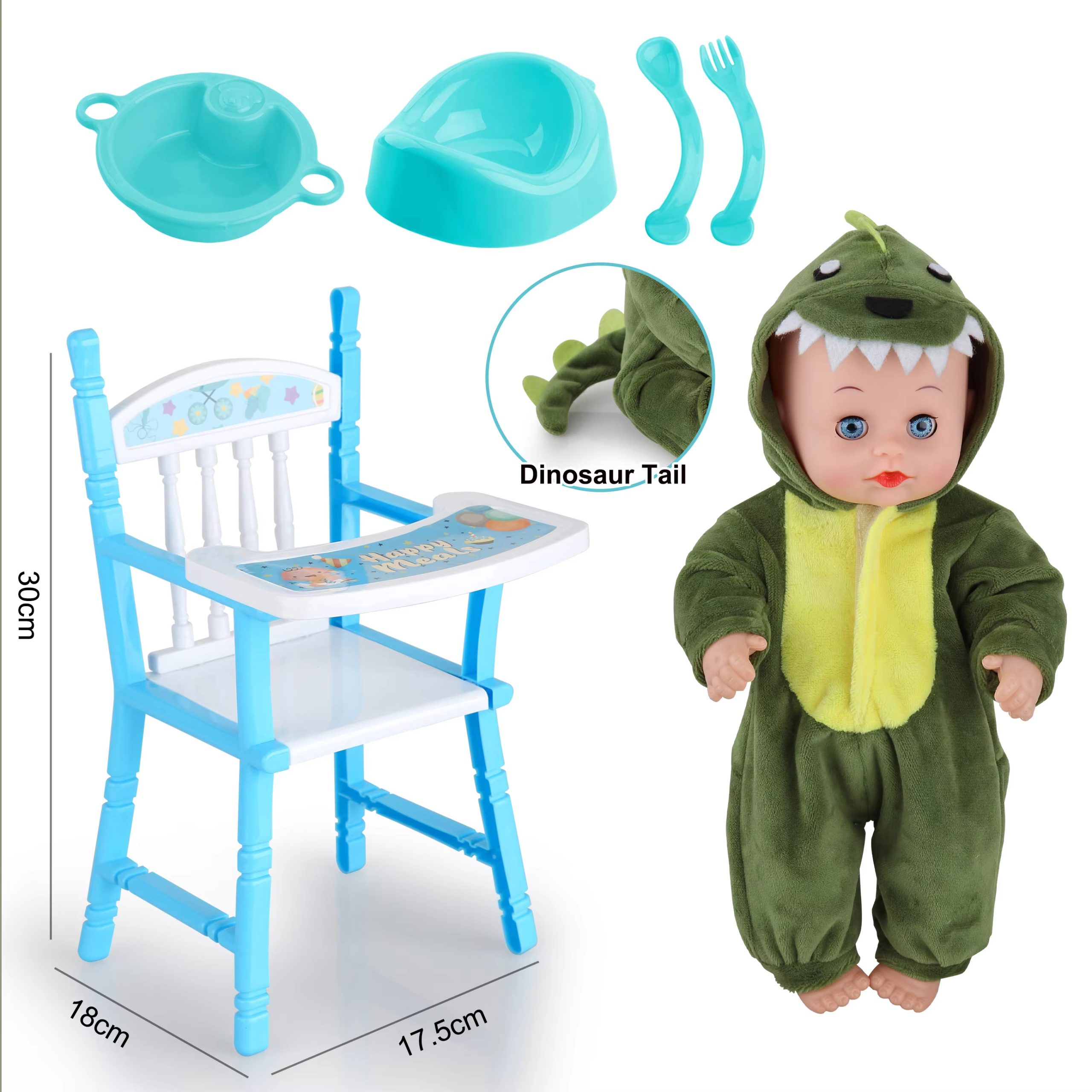 Dinosaur-Themed Baby Doll with Playset - Includes Crib, High Chair, and Feeding Accessories (8)