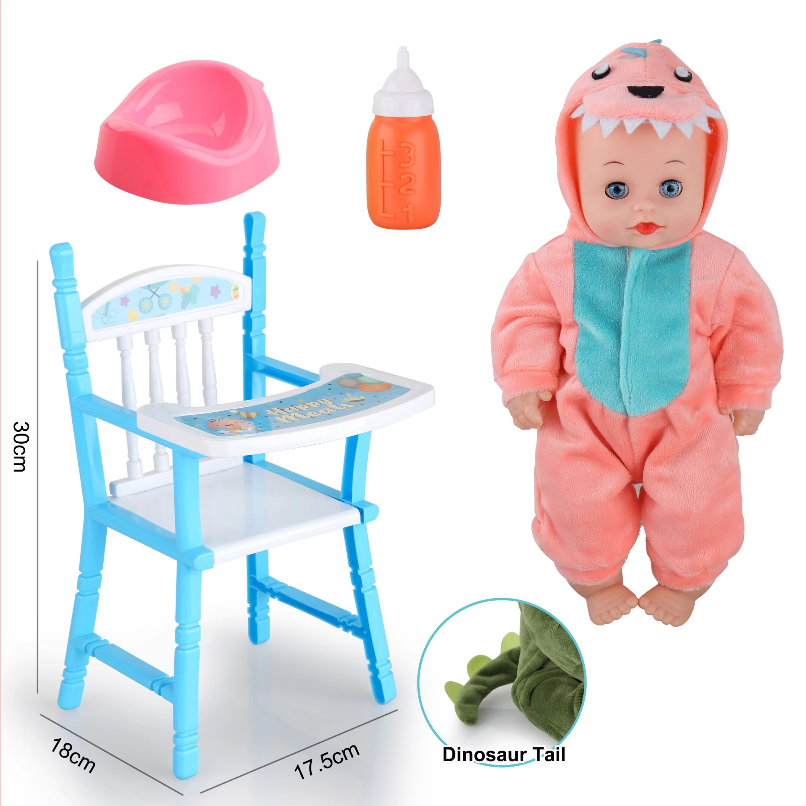 Dinosaur-Themed Baby Doll with Playset - Includes Crib, High Chair, and Feeding Accessories (9)