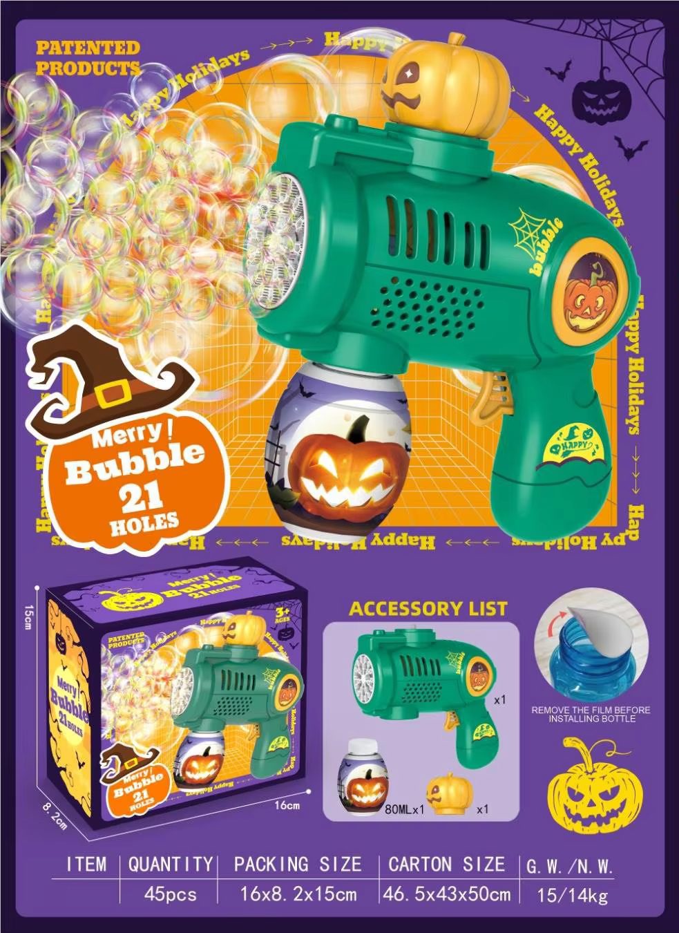 Halloween Bubble Gun Kit Leak-Proof Design with LED Lights and Safe ABS Material for Kids (11)