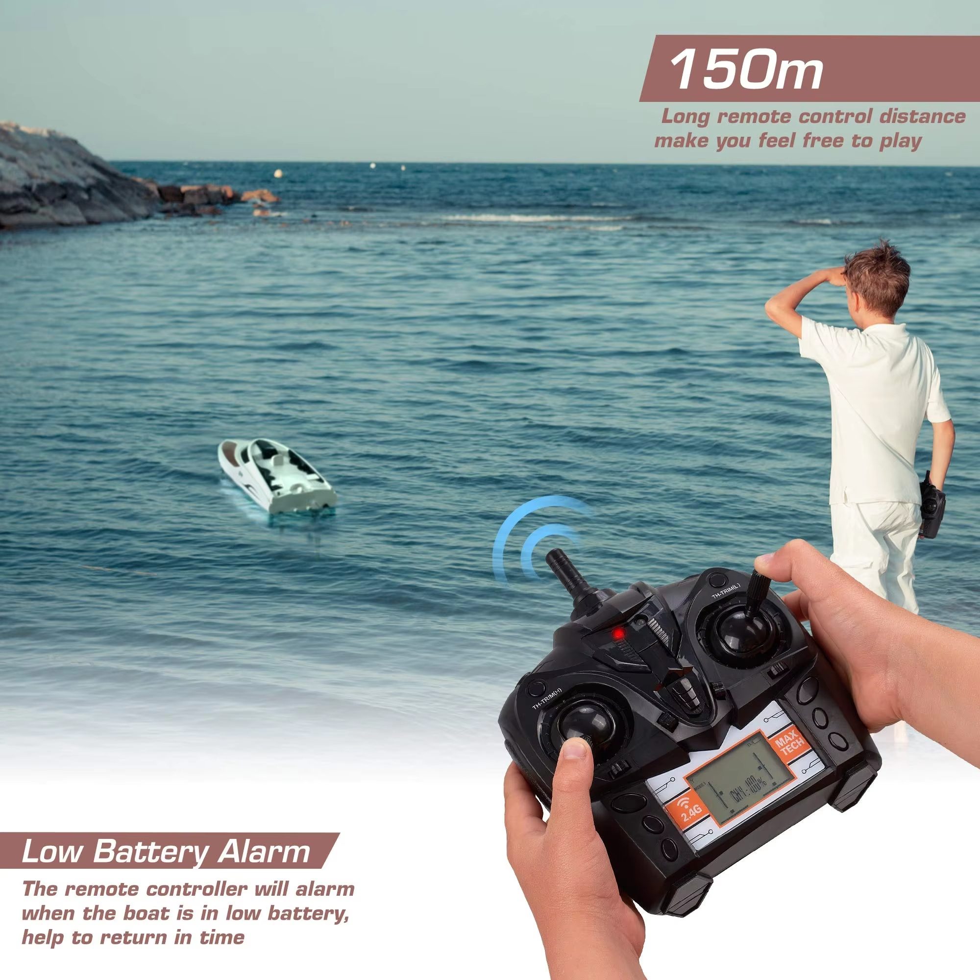 High-Speed Remote Control Boat with 2.4 GHz 4-Channel Racing 20 MPH, 150m Range, and Premium Durable Construction for Freshwater Excitement (10)