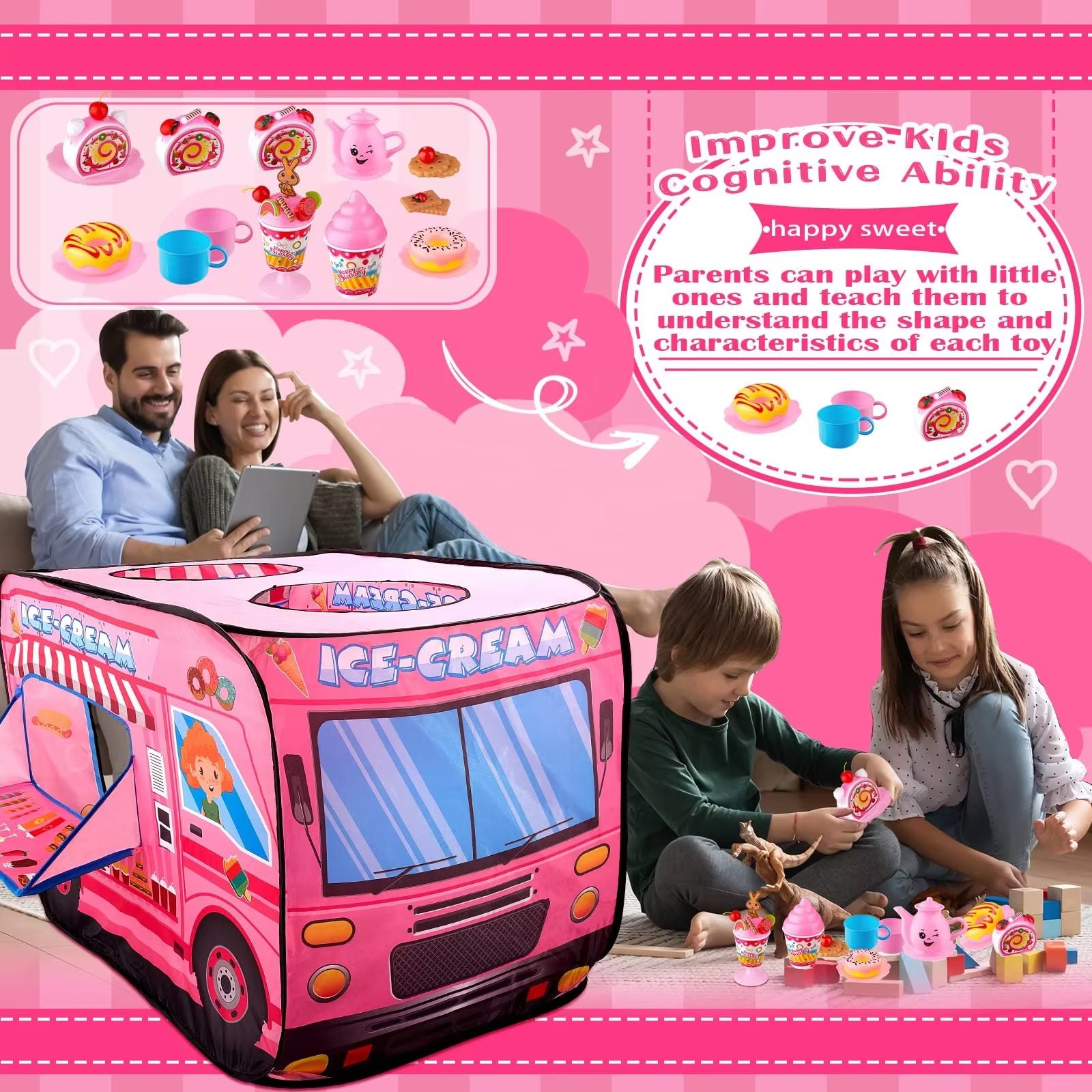 Ice Cream Play-set Pink Ice Cream Truck with Accessories for Pretend Play and Family Fun (6)