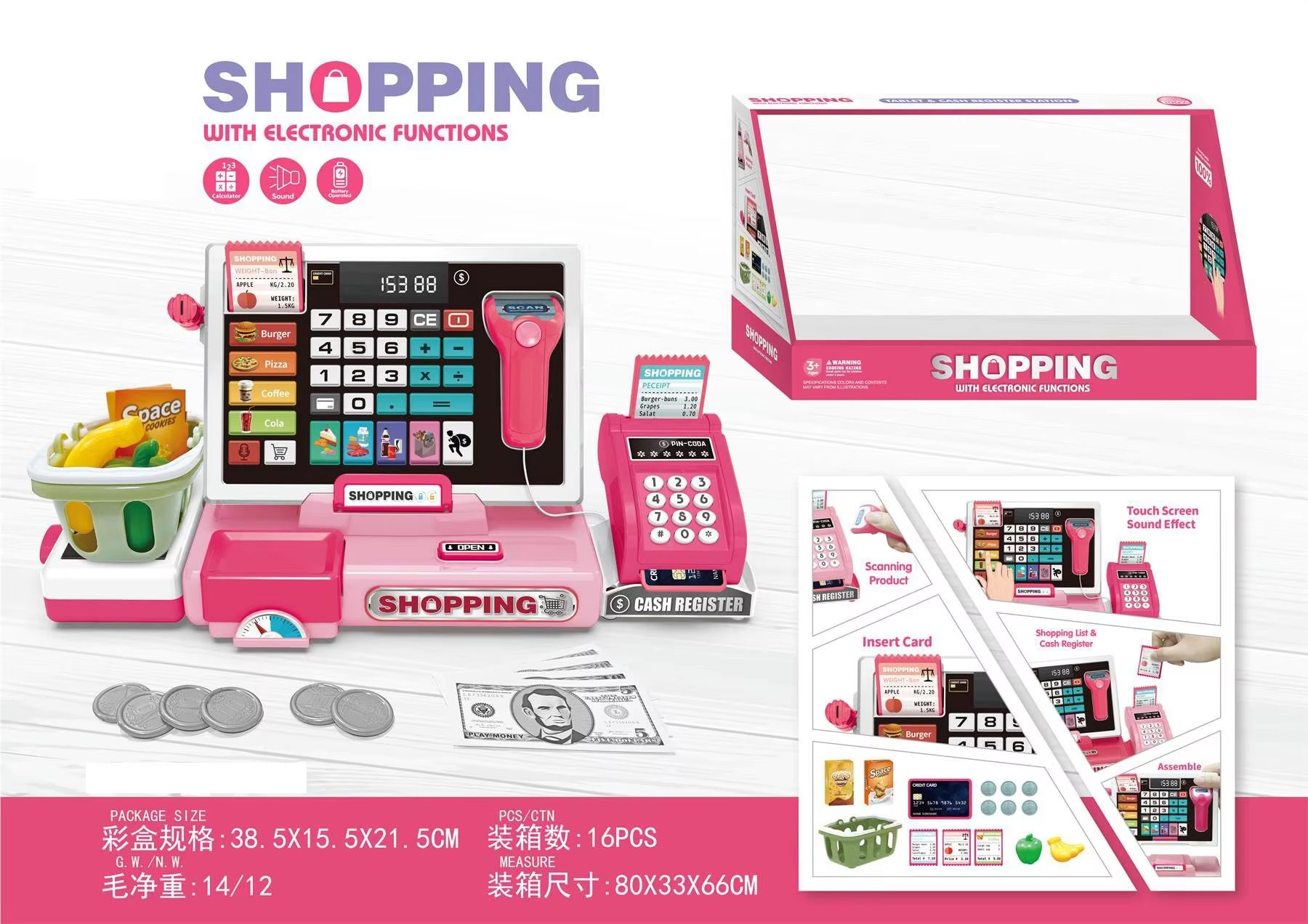 Kids Cash Register Toy Set Interactive Learning with Real Calculator & Play Money for Early Math Skills Development (16)