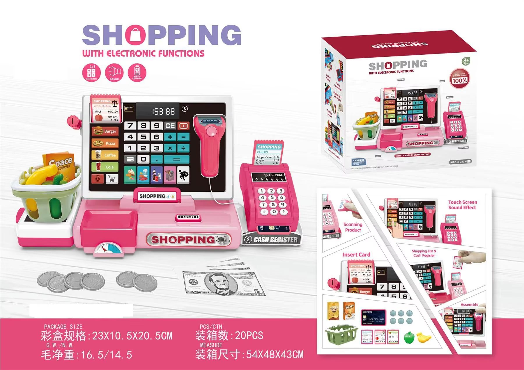 Kids Cash Register Toy Set Interactive Learning with Real Calculator & Play Money for Early Math Skills Development (17)