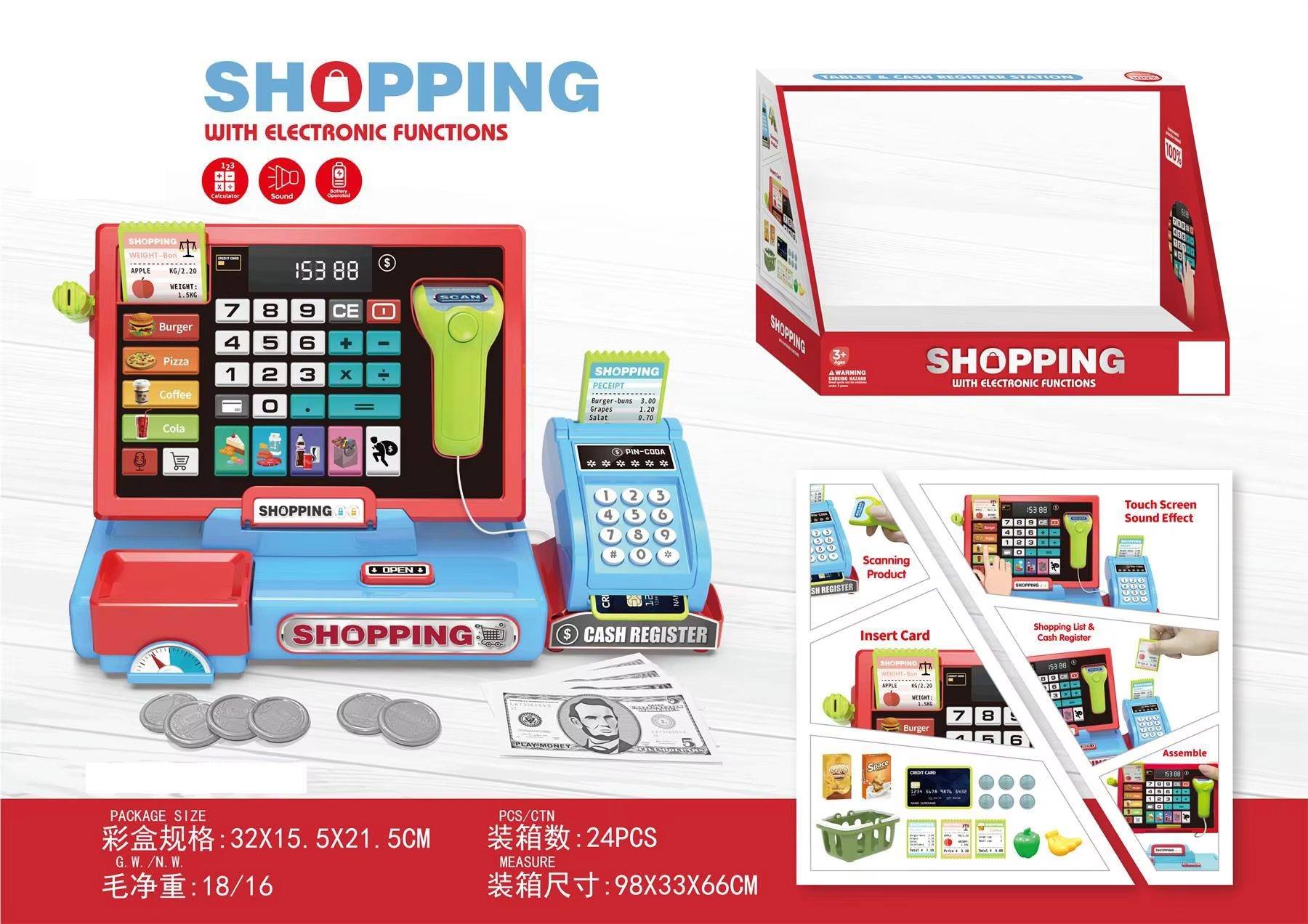 Kids Cash Register Toy Set Interactive Learning with Real Calculator & Play Money for Early Math Skills Development (21)