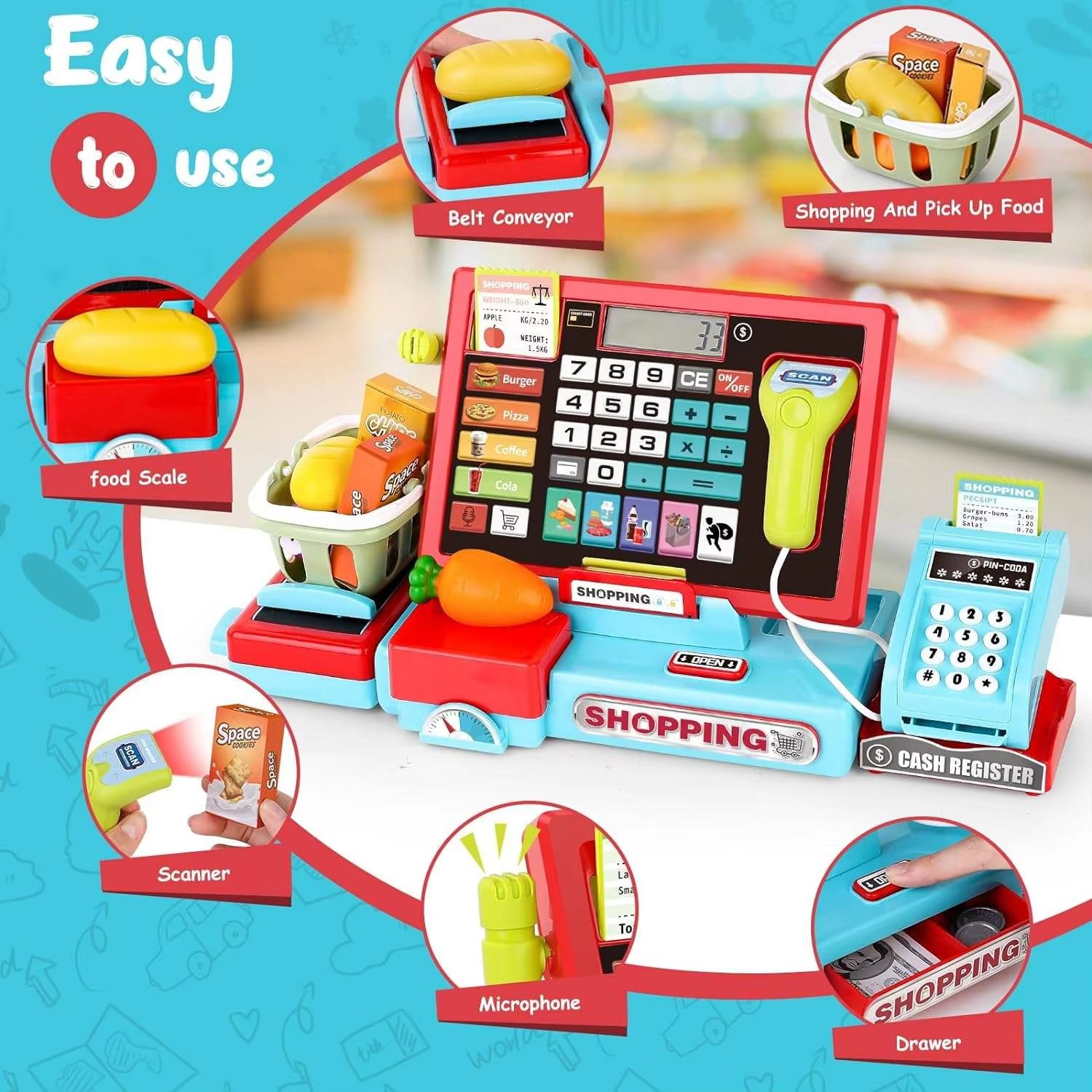 Kids Cash Register Toy Set Interactive Learning with Real Calculator & Play Money for Early Math Skills Development (4)