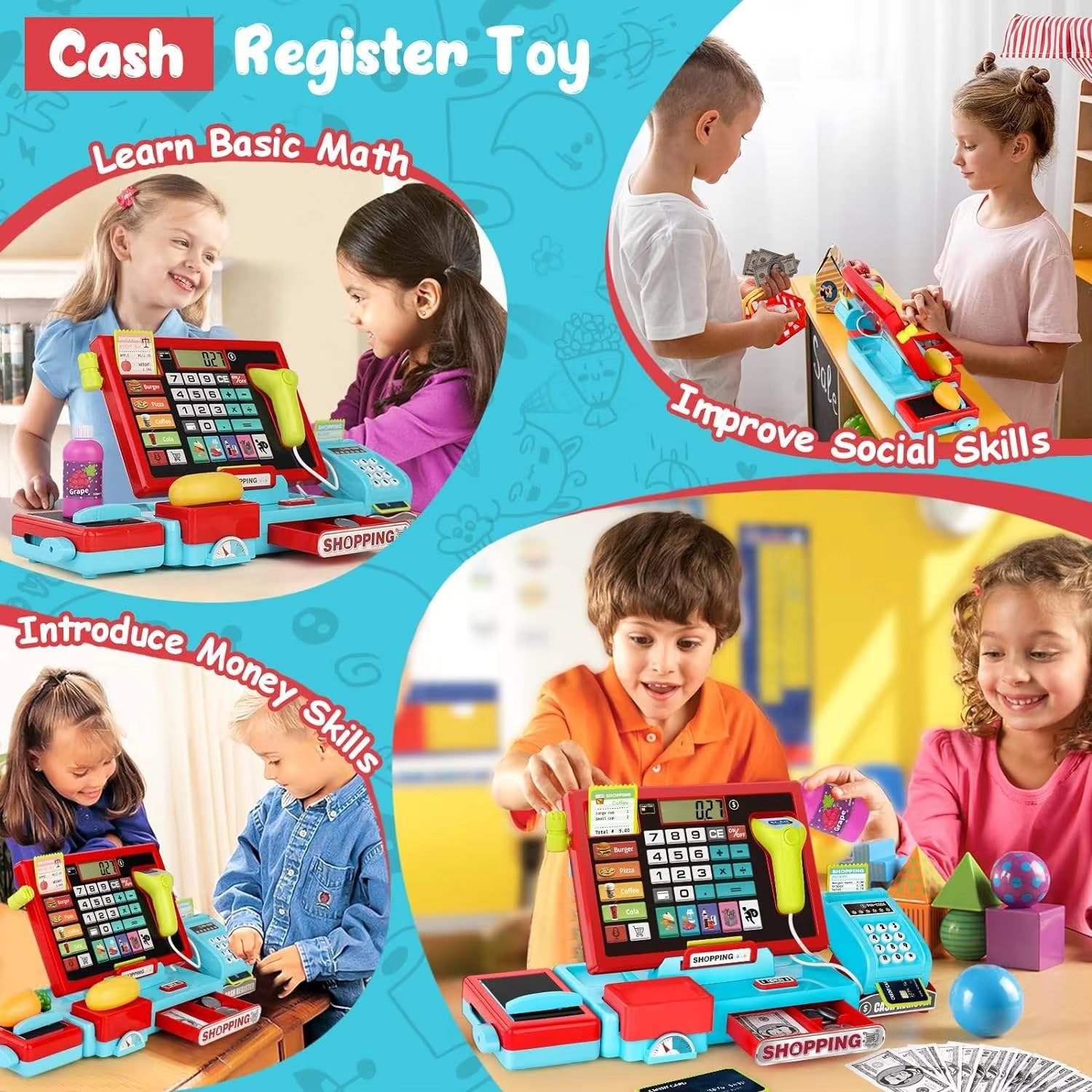 Kids Cash Register Toy Set Interactive Learning with Real Calculator & Play Money for Early Math Skills Development (5)