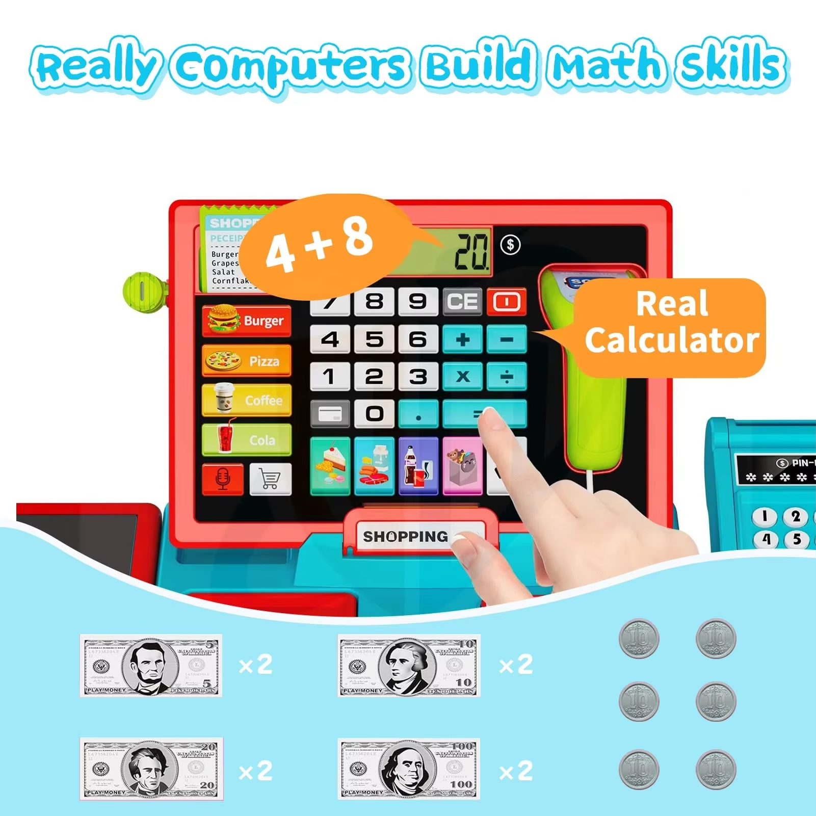 Kids Cash Register Toy Set Interactive Learning with Real Calculator & Play Money for Early Math Skills Development (8)