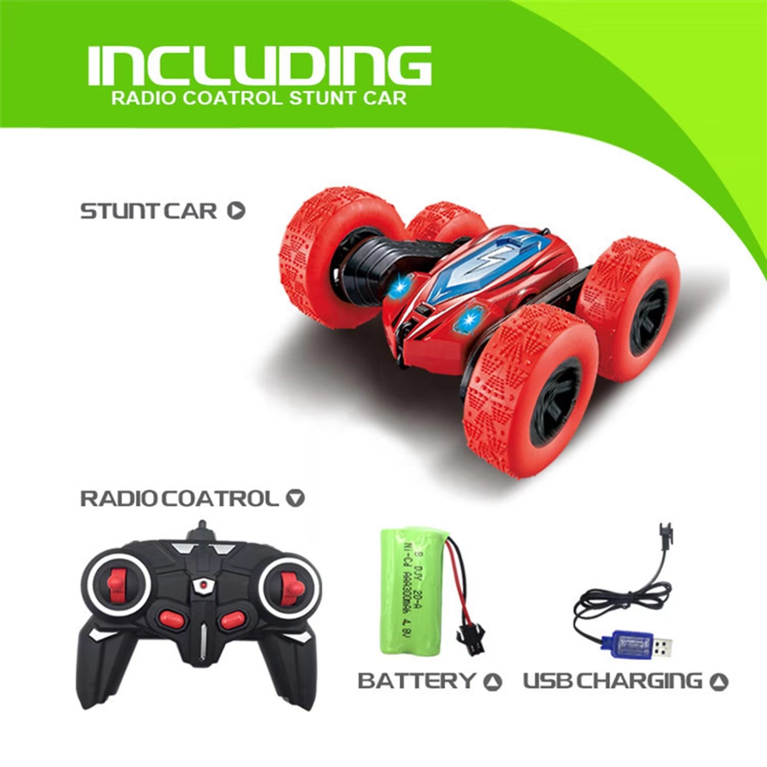 Radio-Controlled Stunt Car High-Performance 2.4GHz with 360° Rotation, LED Lights, and Durable Design - Red and Green Options (8)