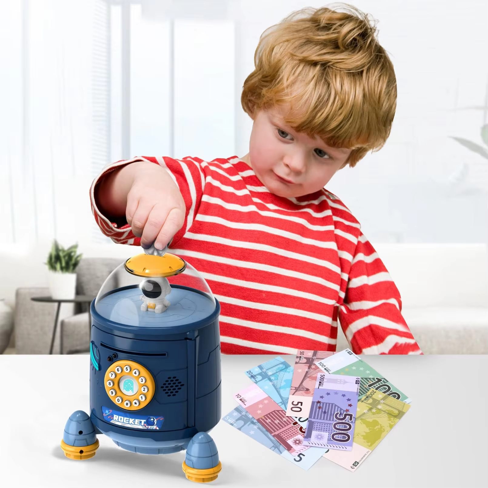 Rocket Themed Piggy Bank with Fingerprint Security - Kids' Electronic Coin and Cash Saving Toy with Story Mode and Sound Effects (10)