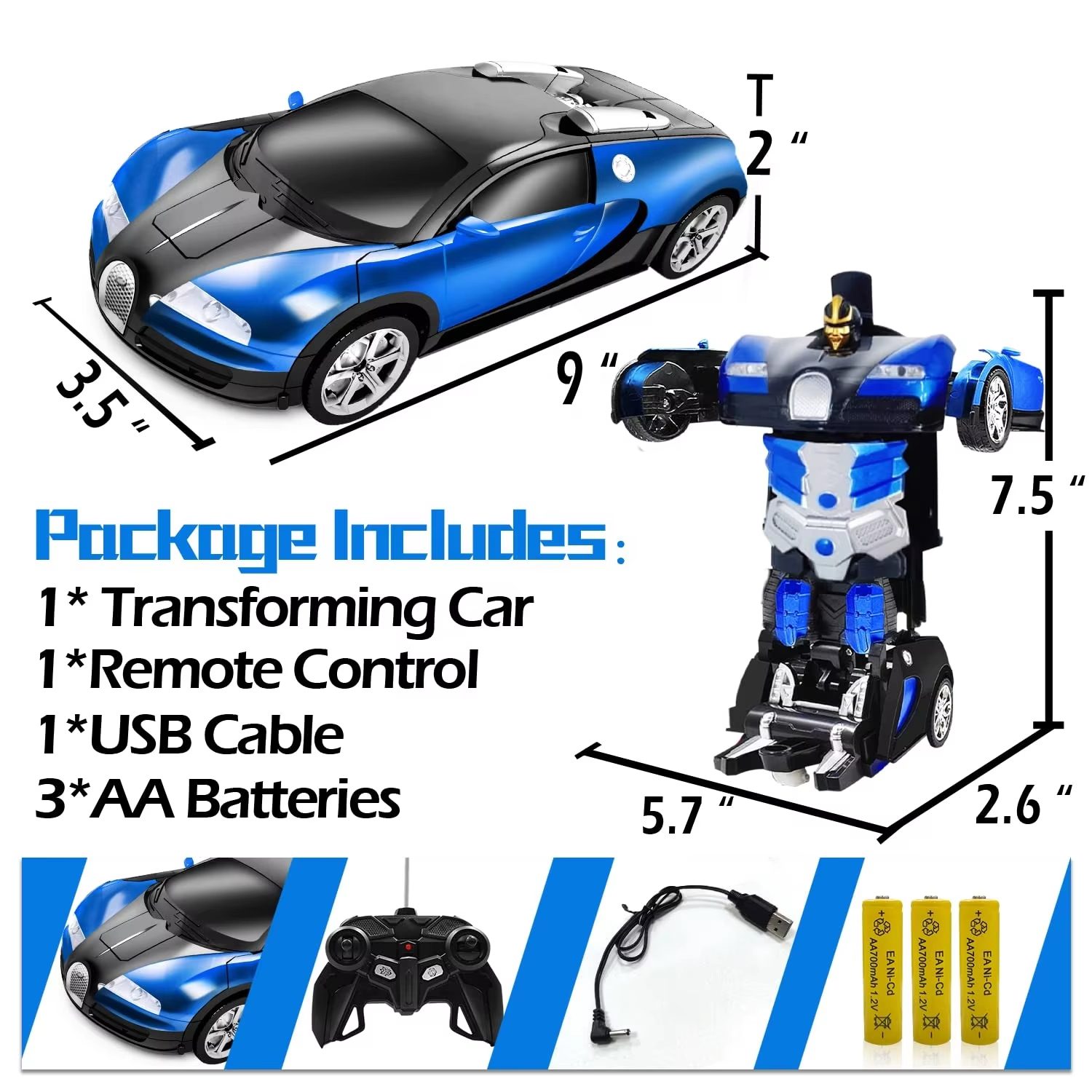 Transforming Remote Control Car with USB Rechargeable Battery - Blue and Black Robot Toy for Kids - High-Tech RC Vehicle with Cool Light and 360-Degree Rotation (8)