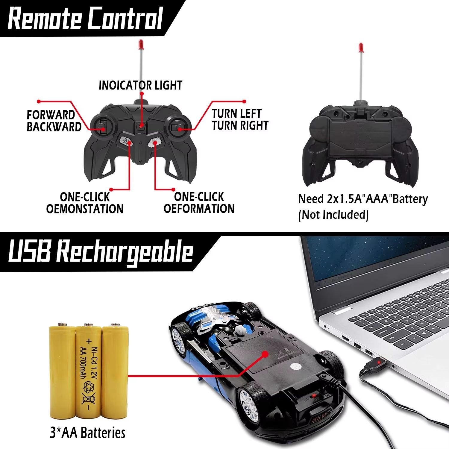 Transforming Remote Control Car with USB Rechargeable Battery - Blue and Black Robot Toy for Kids - High-Tech RC Vehicle with Cool Light and 360-Degree Rotation (9)