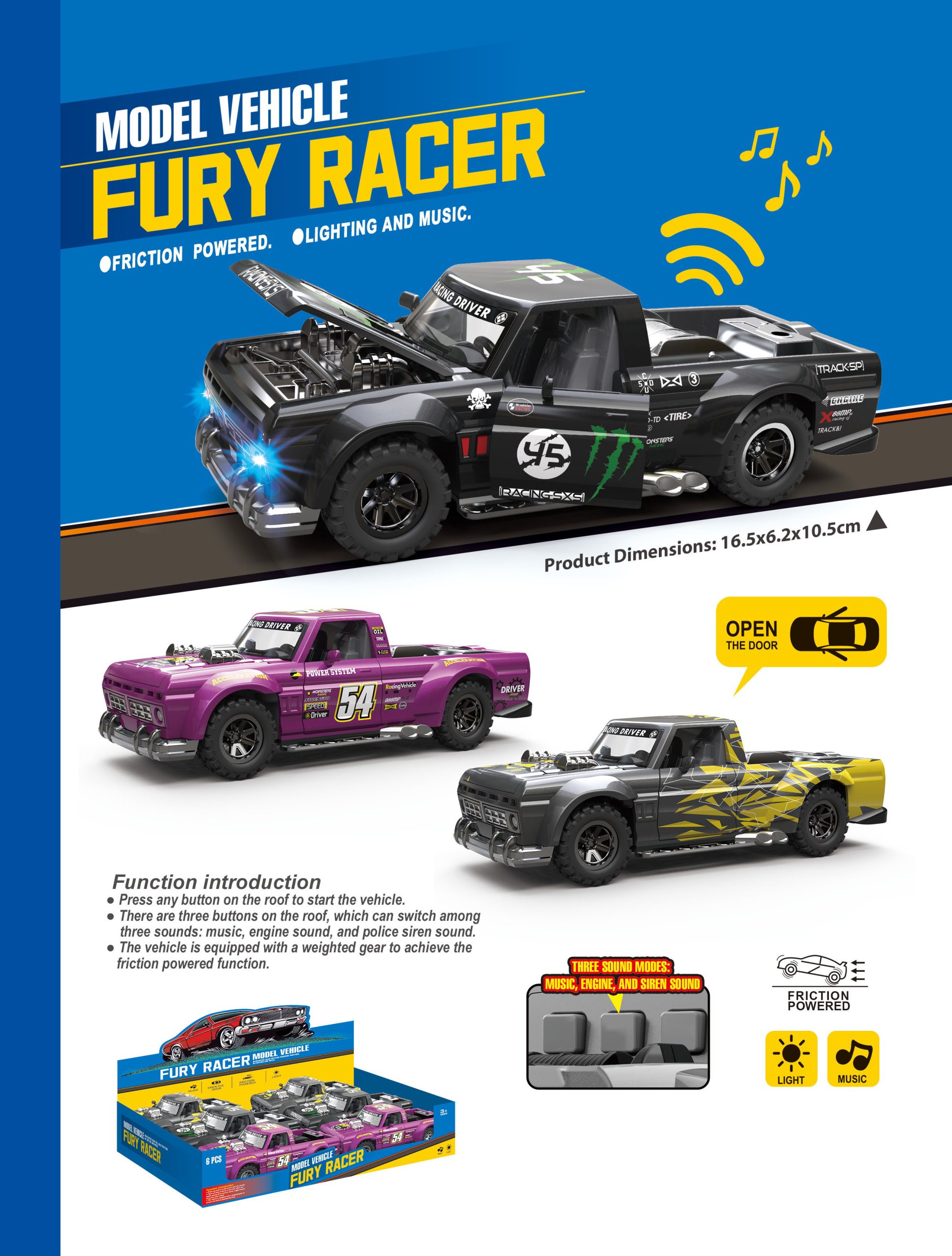 Friction Powered Model Vehicles Fury Racer Collection with Lighting and Music - Perfect Toy Cars for Kids (10)