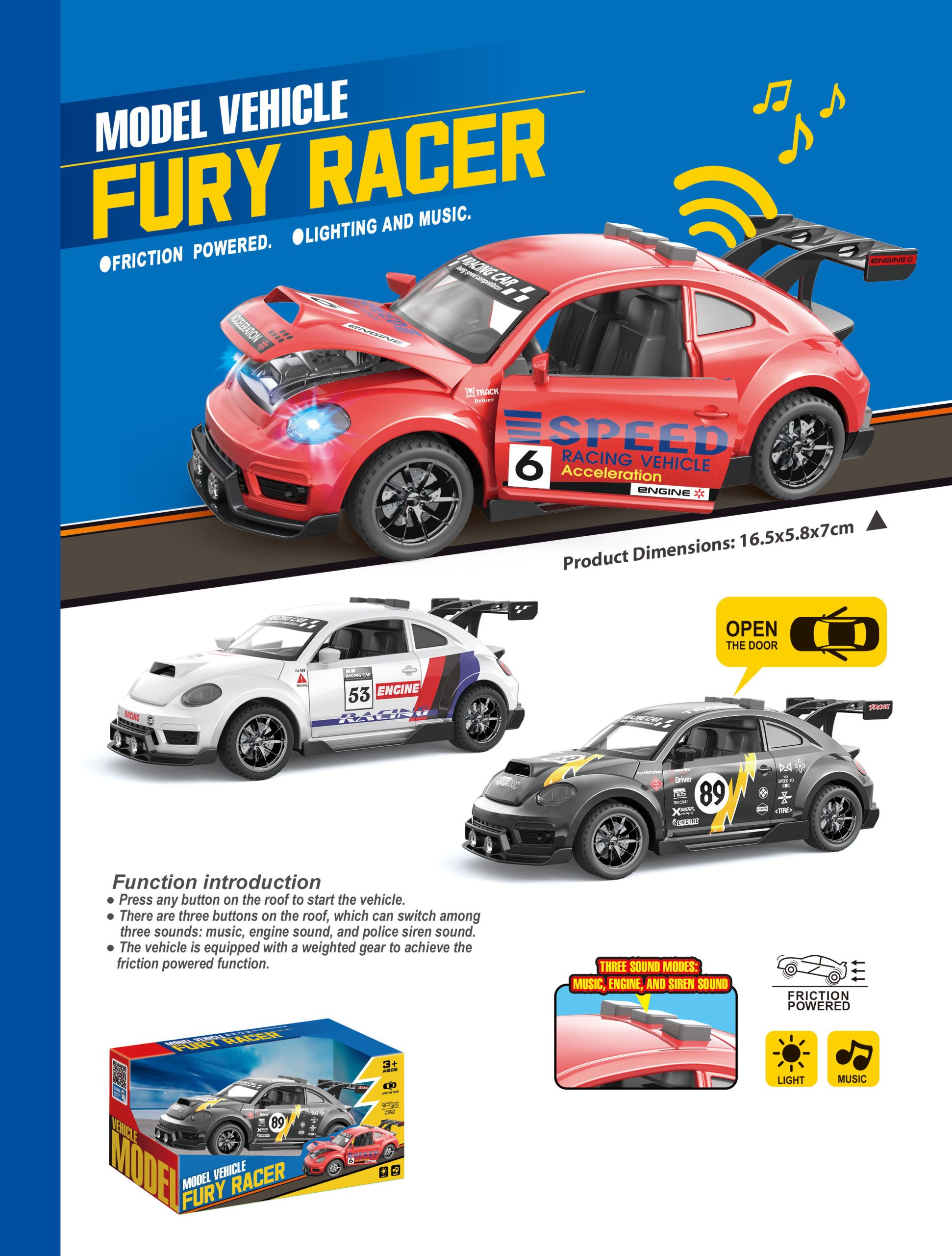 Friction Powered Model Vehicles Fury Racer Collection with Lighting and Music - Perfect Toy Cars for Kids (13)
