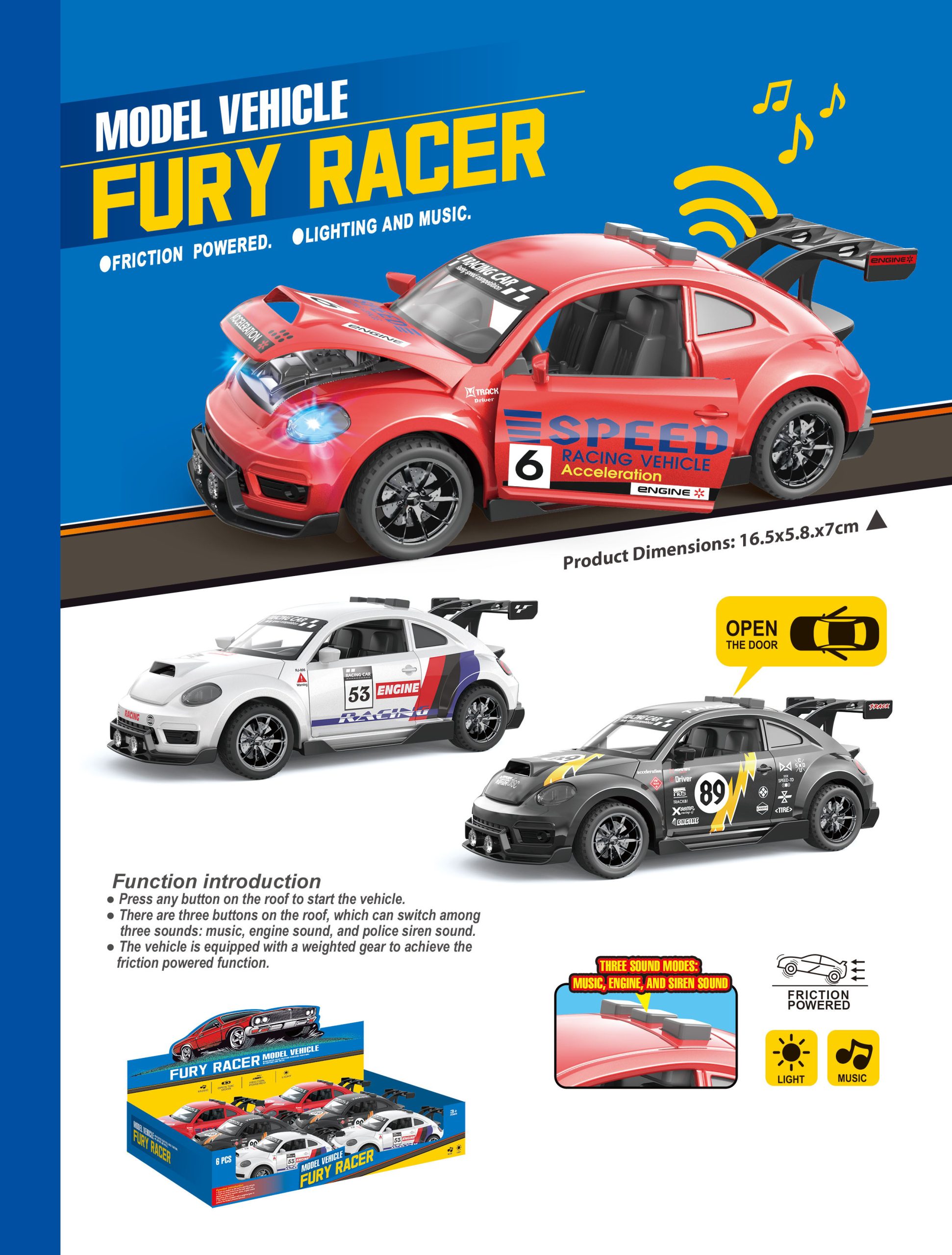 Friction Powered Model Vehicles Fury Racer Collection with Lighting and Music - Perfect Toy Cars for Kids (14)