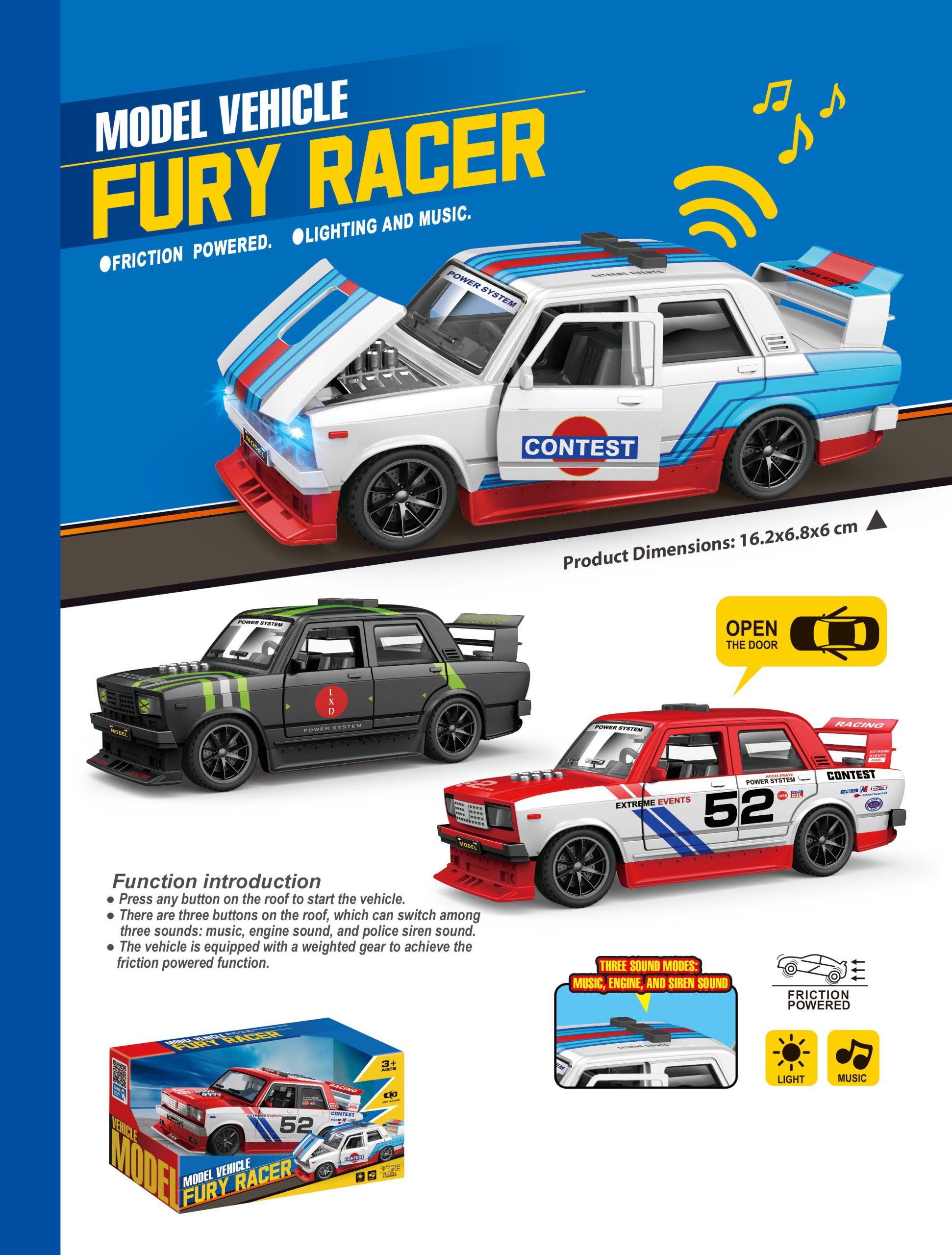 Friction Powered Model Vehicles Fury Racer Collection with Lighting and Music - Perfect Toy Cars for Kids (17)