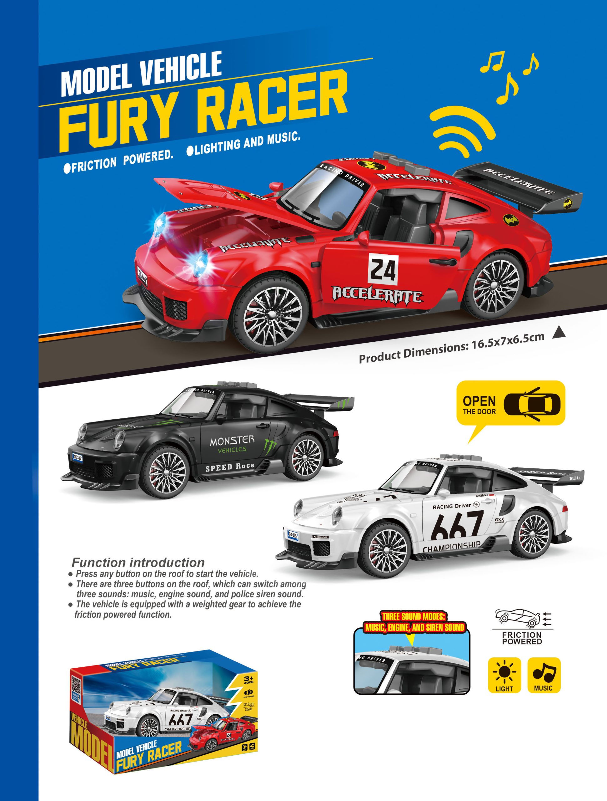 Friction Powered Model Vehicles Fury Racer Collection with Lighting and Music - Perfect Toy Cars for Kids (5)