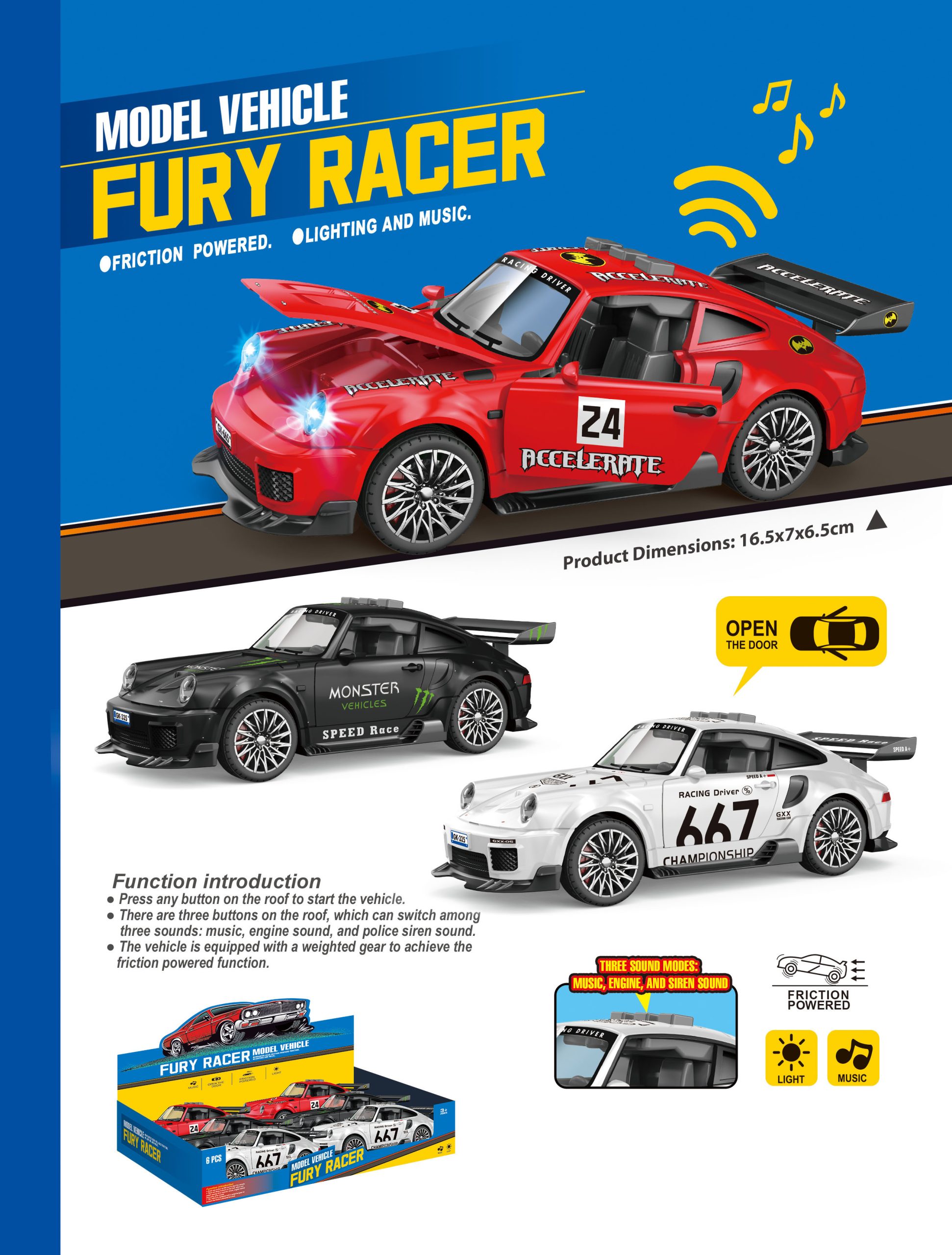 Friction Powered Model Vehicles Fury Racer Collection with Lighting and Music - Perfect Toy Cars for Kids (6)